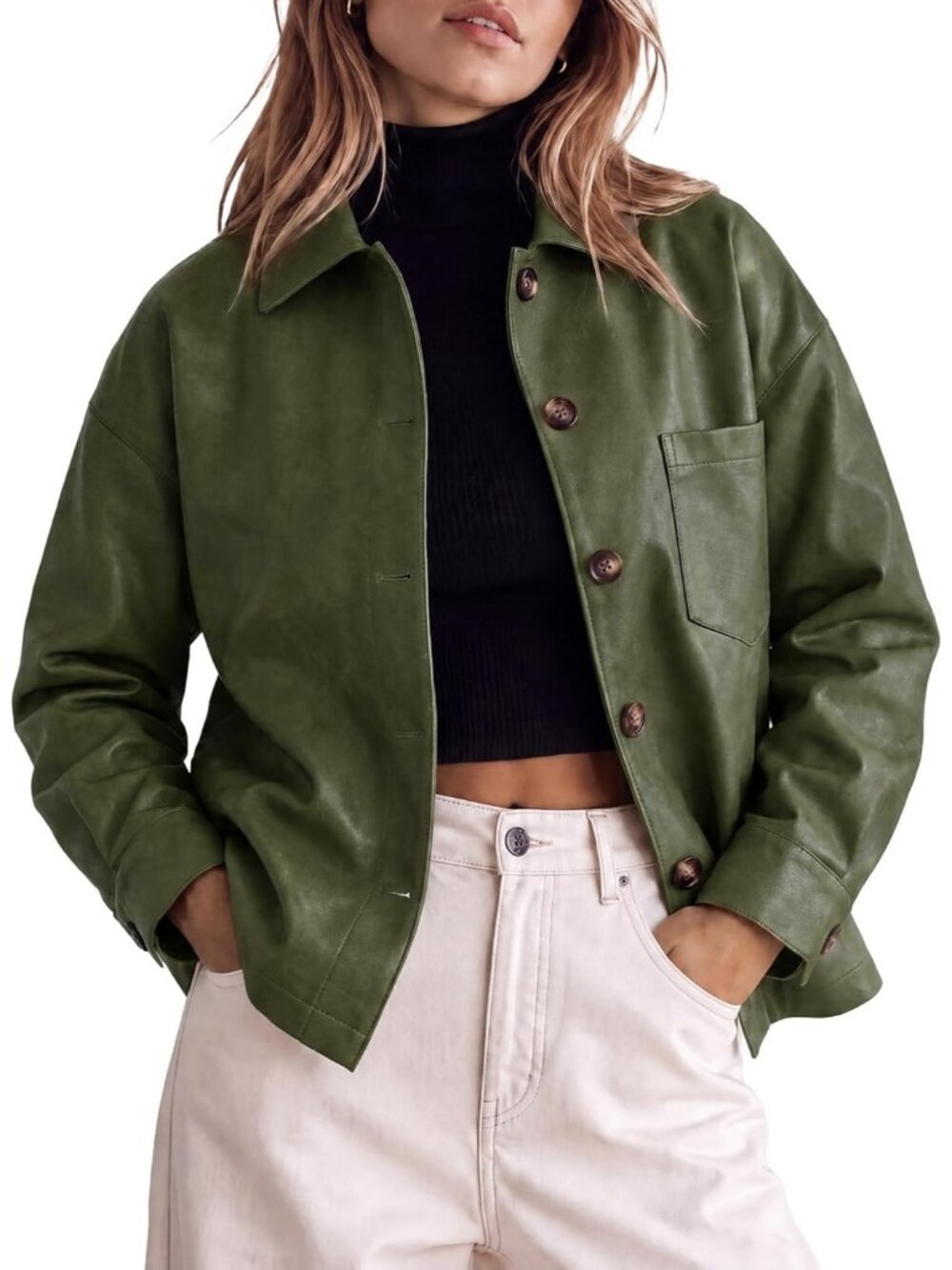 Women's Army Green Faux Leather Collared Button Down Moto Shacket Bomber Jacket